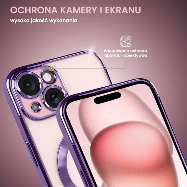 etui do iphone 15 magsafe luxury protect przeźroczyste, hybrydowa ochrona kamery, różowe złoto (kopia)
