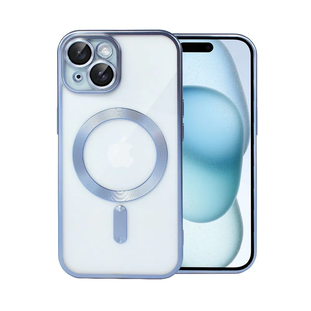 etui do iphone 15 magsafe luxury protect przeźroczyste, z osłoną aparatu, titanium finish, niebieskie