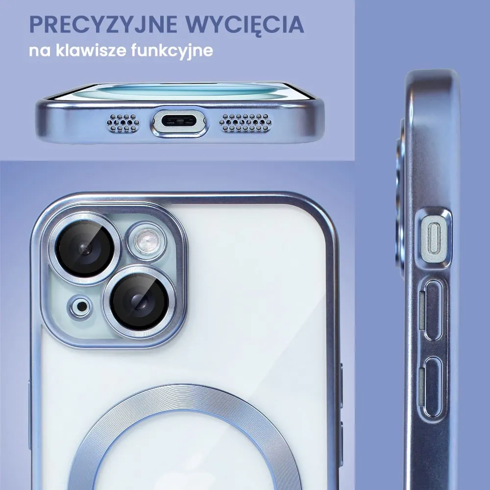etui do iphone 15 magsafe luxury protect przeźroczyste, z osłoną aparatu, titanium finish, niebieskie