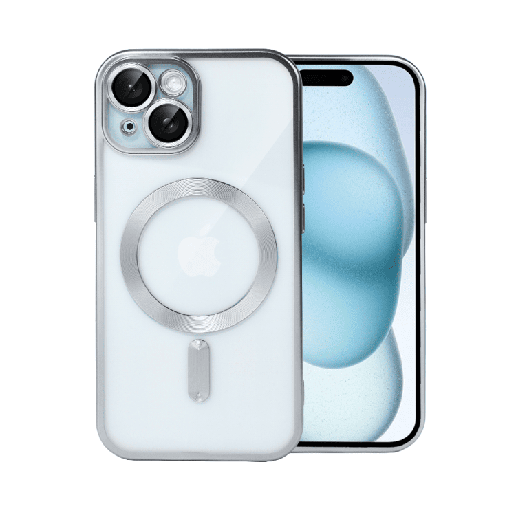 etui do iphone 15 magsafe luxury protect przeźroczyste, z osłoną aparatu, titanium finish, srebrne