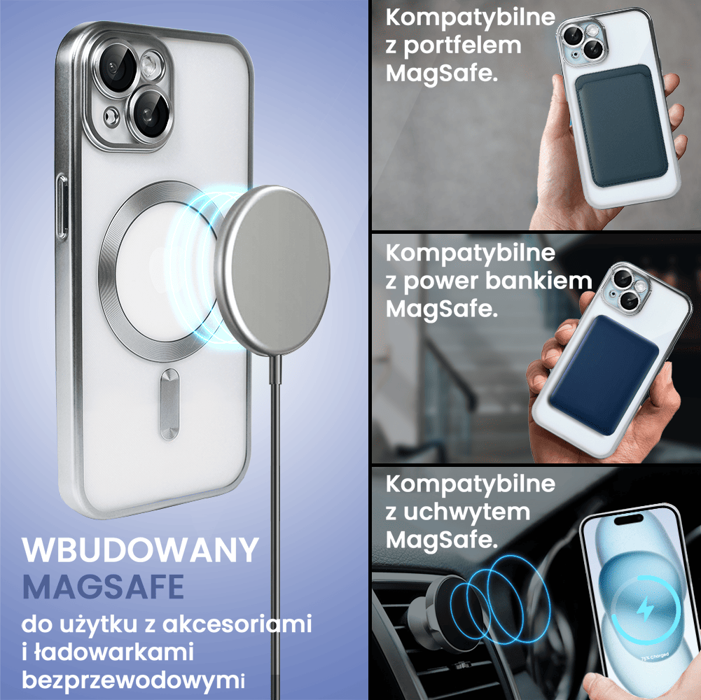 etui do iphone 15 magsafe luxury protect przeźroczyste, z osłoną aparatu, titanium finish, srebrne