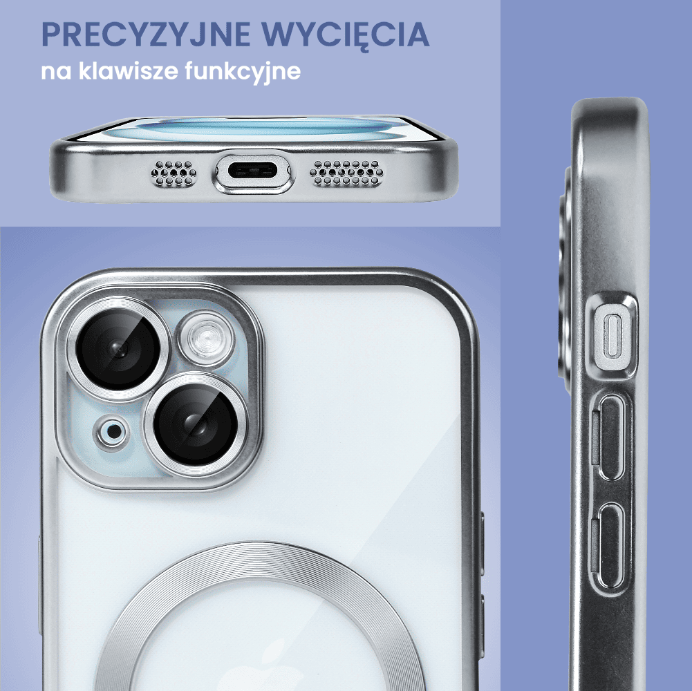 etui do iphone 15 magsafe luxury protect przeźroczyste, z osłoną aparatu, titanium finish, srebrne