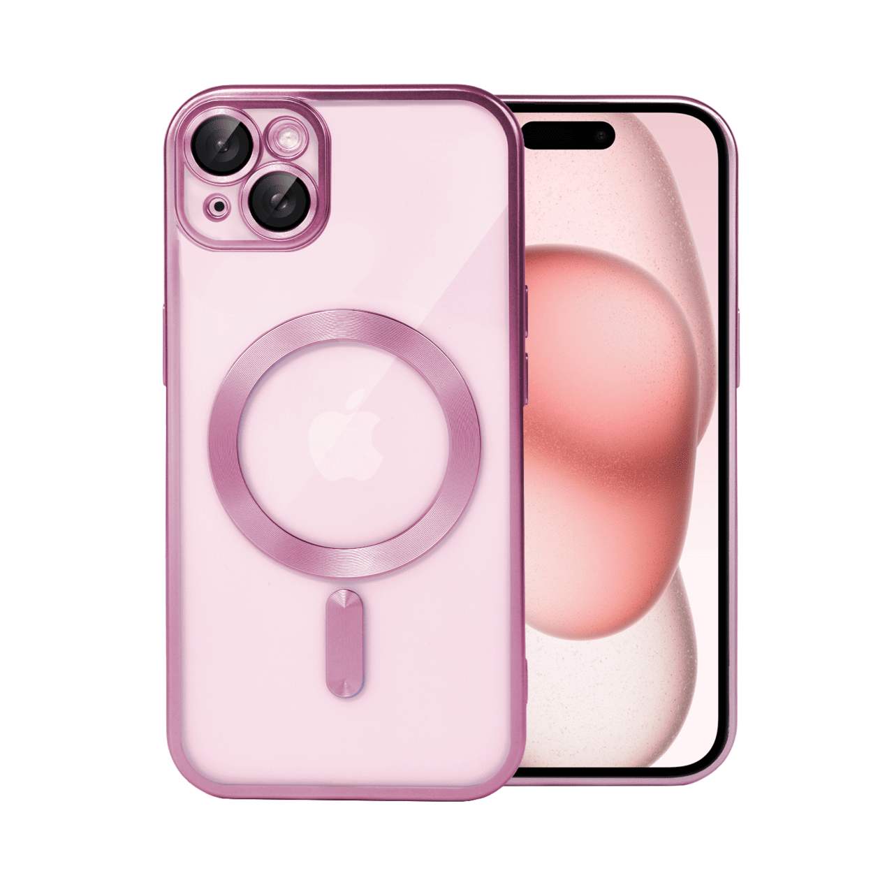 Etui do iPhone 15 Plus MagSafe Luxury Protect przeźroczyste, z osłoną aparatu, Titanium Finish, różowe