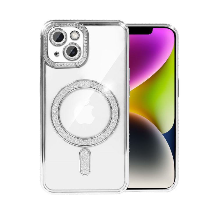 etui do iphone 14 diadem glow, błyszczące z magsafe, przeźroczyste, srebrne