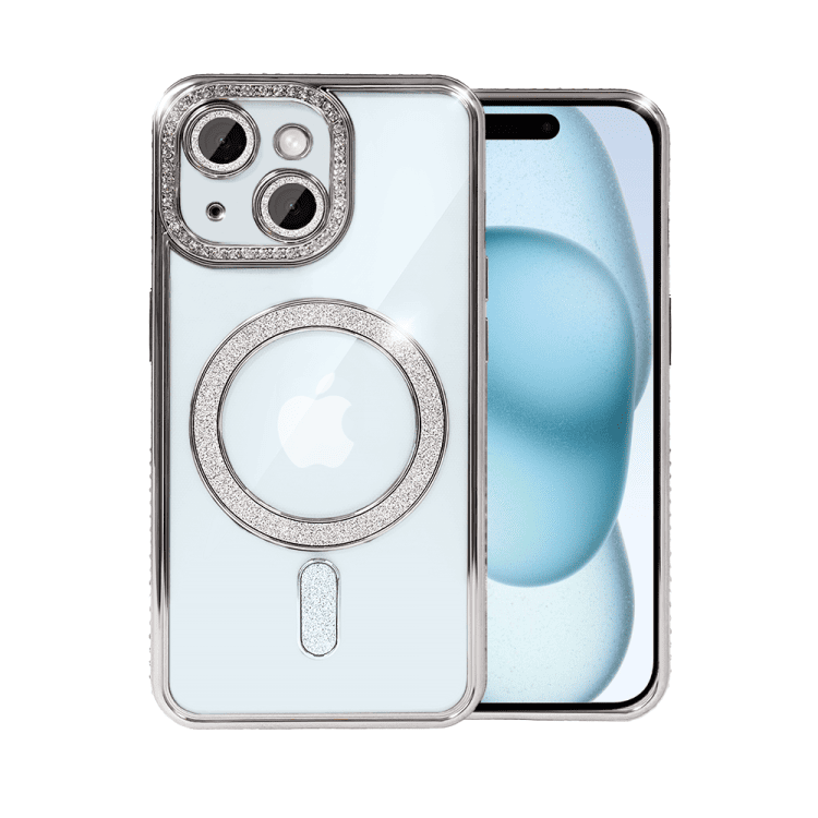 etui do iphone 15 plus diadem glow, błyszczące z magsafe, przeźroczyste, srebrne