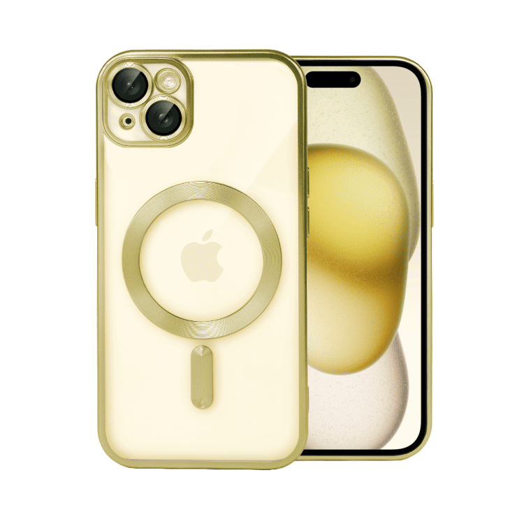 etui do iphone 15 plus magsafe luxury protect przeźroczyste, z osłoną aparatu, titanium finish, złote