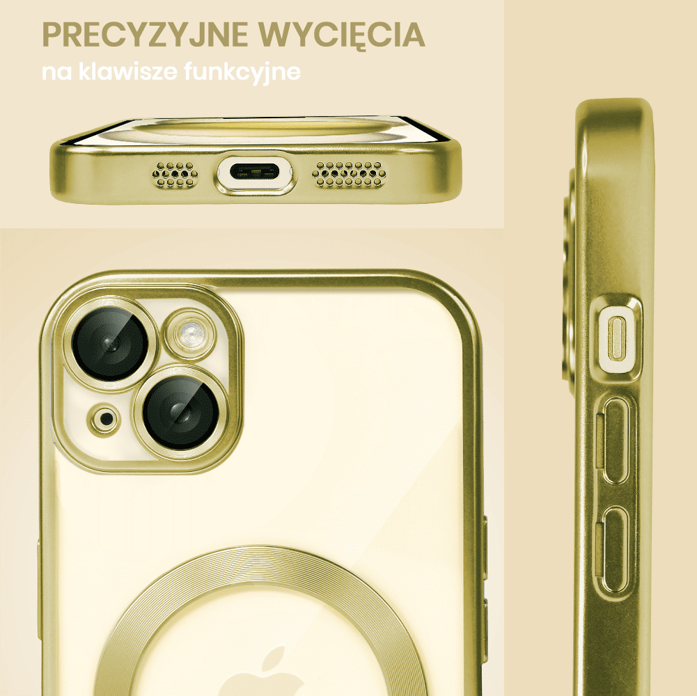 etui do iphone 15 plus magsafe luxury protect przeźroczyste, z osłoną aparatu, titanium finish, złote
