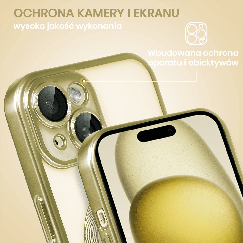 etui do iphone 15 plus magsafe luxury protect przeźroczyste, z osłoną aparatu, titanium finish, złote