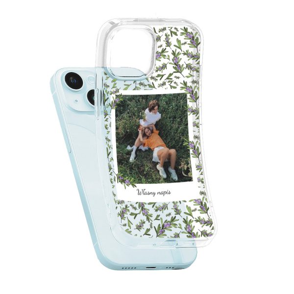 etui do iphone 15 plus polaroid z własnym zdjęciem i napisem, gałązki
