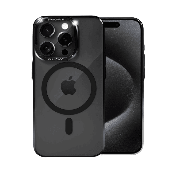 etui do iphone 15 pro cam window, z osłoną aparatu i podstawką, twarde, czarne