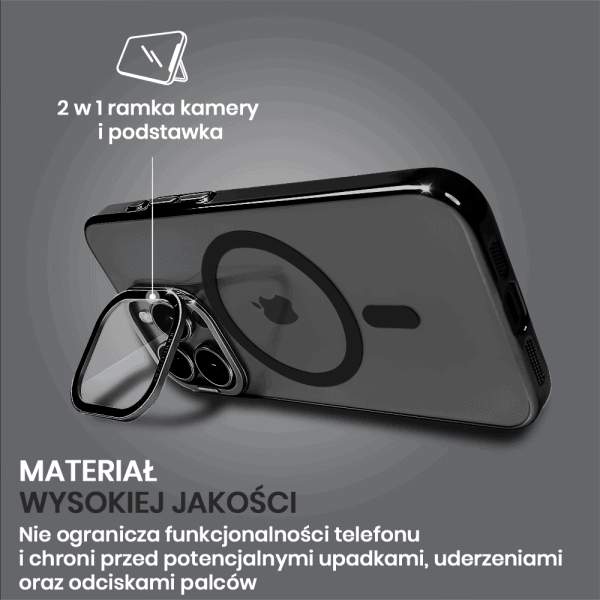 etui do iphone 15 pro cam window, z osłoną aparatu i podstawką, twarde, czarne