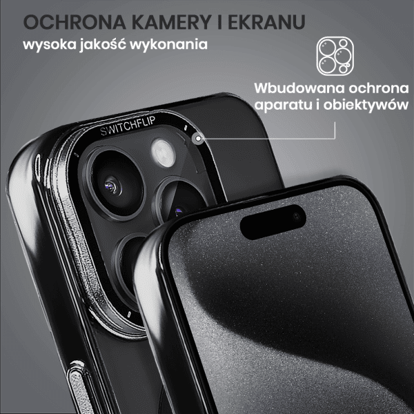 etui do iphone 15 pro cam window, z osłoną aparatu i podstawką, twarde, czarne