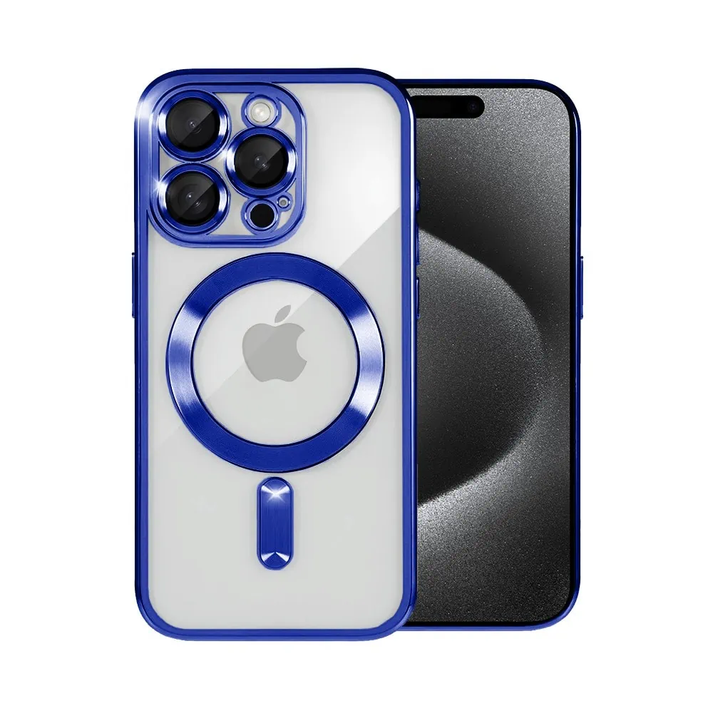 Etui do iPhone 15 Pro Max MagSafe Luxury Protect przeźroczyste, hybrydowa ochrona kamery, granatowe