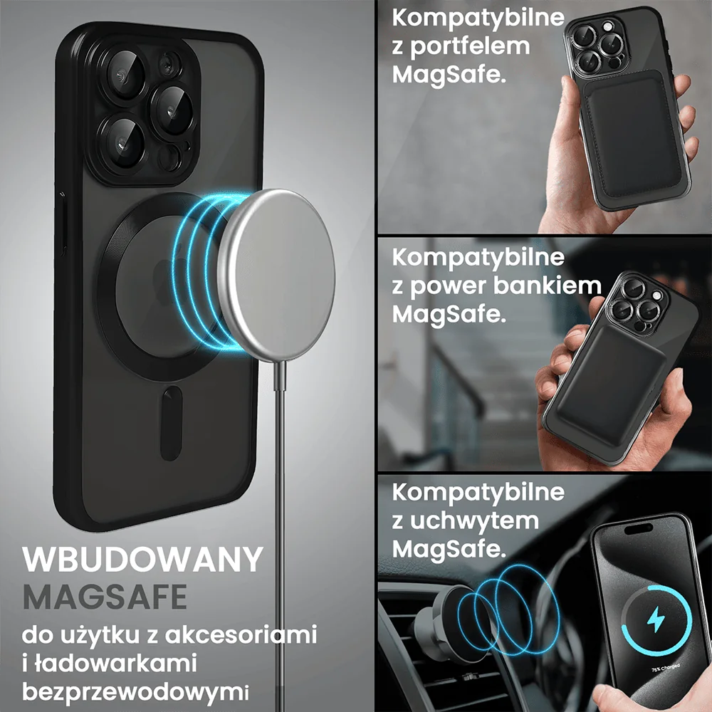 etui do iphone 15 pro magsafe luxury protect przeźroczyste, z osłoną aparatu, titanium finish, czarne