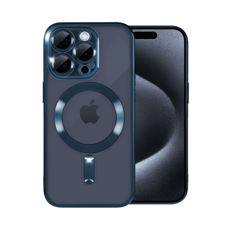 etui do iphone 15 pro max magsafe luxury protect przeźroczyste, hybrydowa ochrona kamery, granatowe