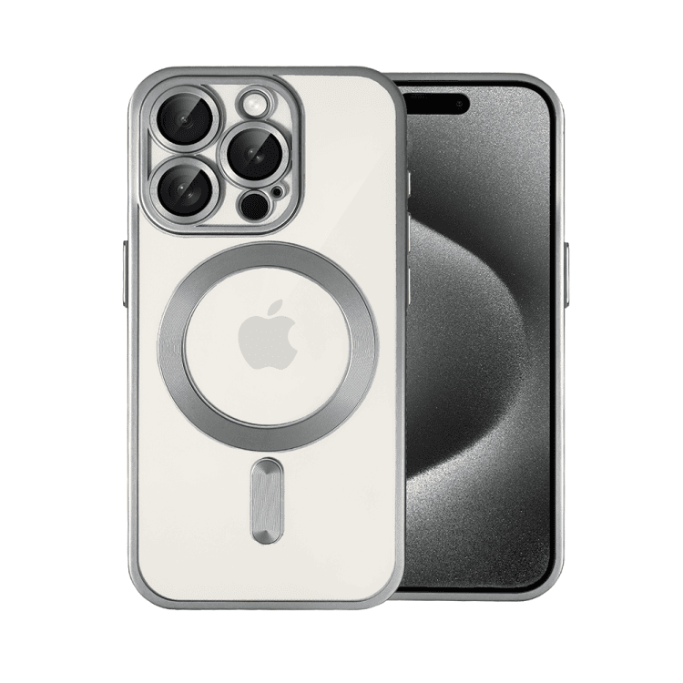 etui do iphone 15 pro max magsafe luxury protect przeźroczyste, z osłoną aparatu, titanium finish, srebrne