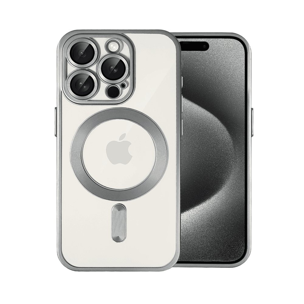 Etui do iPhone 15 Pro MagSafe Luxury Protect przeźroczyste, z osłoną aparatu, Titanium Finish, srebrne