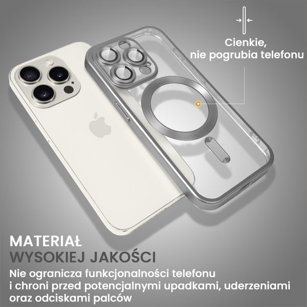 etui do iphone 15 pro max magsafe luxury protect przeźroczyste, z osłoną aparatu, titanium finish, srebrne
