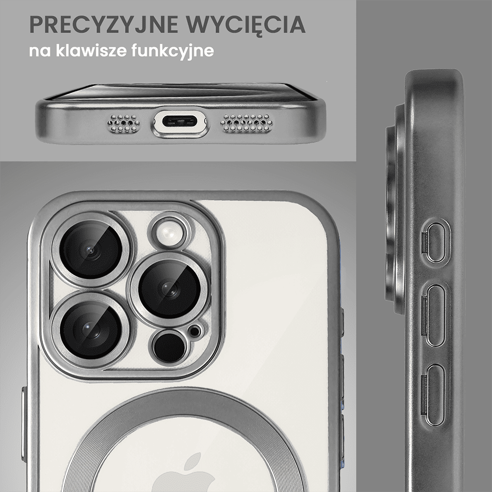 etui do iphone 15 pro max magsafe luxury protect przeźroczyste, z osłoną aparatu, titanium finish, srebrne