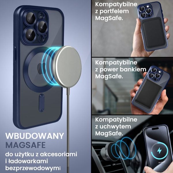 etui do iphone 15 pro max magsafe luxury protect przeźroczyste, z osłoną aparatu, titanium finish, tytan błękitny