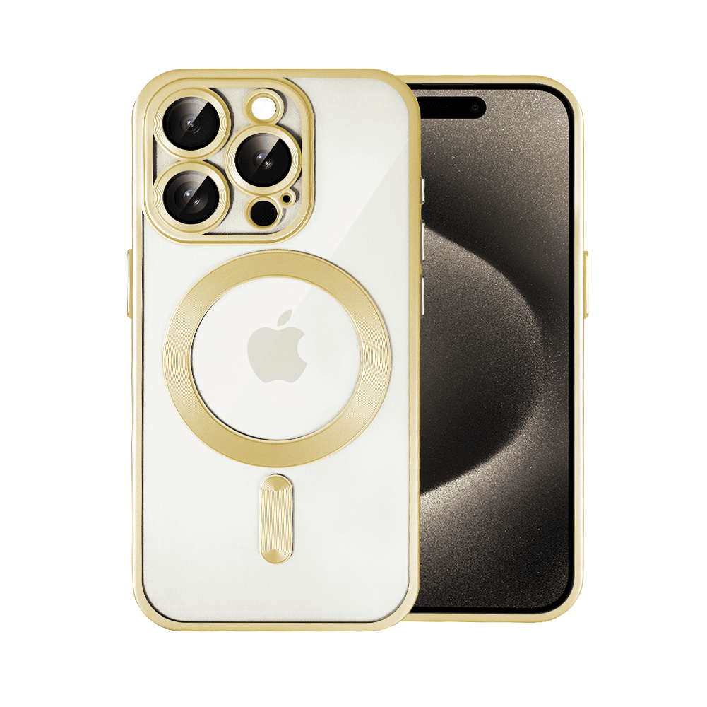 Etui do iPhone 15 Pro MagSafe Luxury Protect przeźroczyste, z osłoną aparatu, Titanium Finish, złote