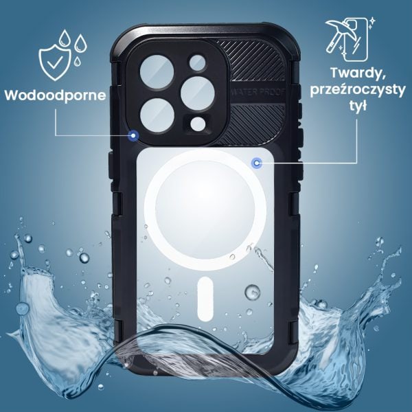 etui do iphone 15 pro max total protect z magsafe, wodoodporne, metalowe, przeźroczyste, czarne