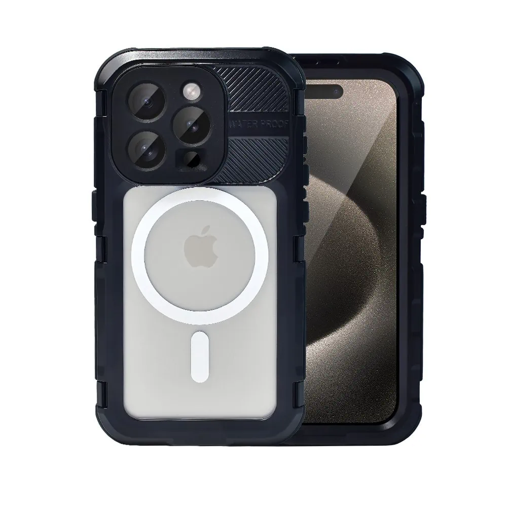 Etui do iPhone 15 Pro Max TOTAL Protect z Magsafe, wodoodporne, metalowe, przeźroczyste, czarne