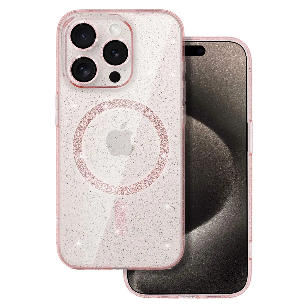 Etui do iPhone 15 Pro z Magsafe, przeźroczyste, błyszczący brokat, różowe