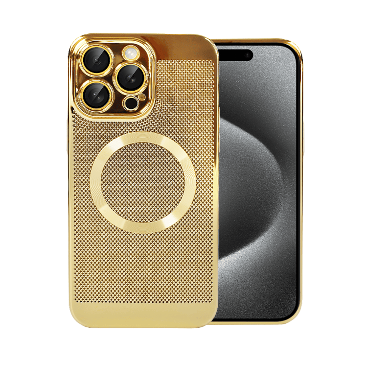 etui do iphone 15 pro max z magsafe, cienkie, twarde, oddychające, z osłoną aparatu, złote