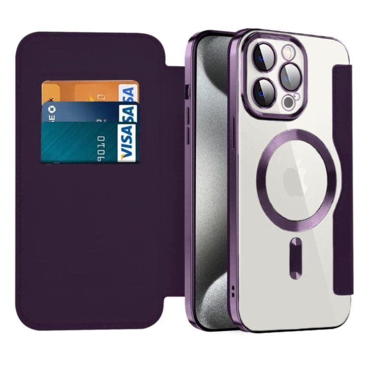 etui do iphone 15 pro typu książka book magsafe lens protect, z klapką, głęboka purpura
