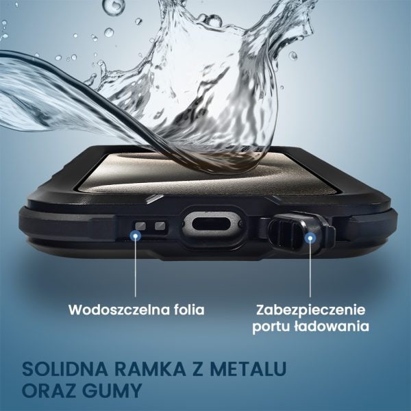 etui do iphone 15 pro total protect z magsafe, wodoodporne, metalowe, przeźroczyste, czarne