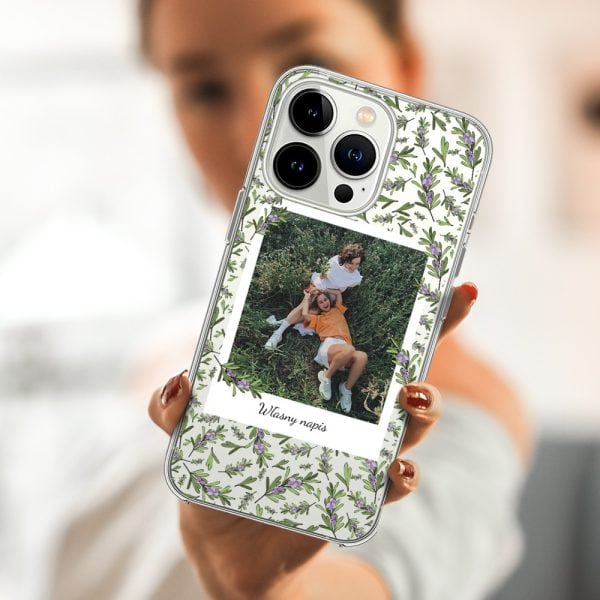 etui do iphone 15 pro polaroid z własnym zdjęciem i napisem, gałązki