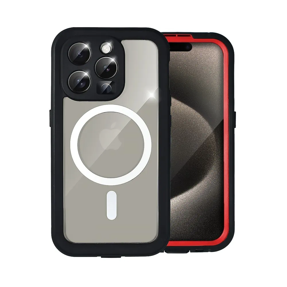 Etui do iPhone 15 Pro Max wodoodporne z MagSafe, pancerne, przeźroczyste, czerwone