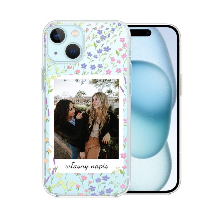 etui do iphone 15 polaroid z własnym zdjęciem i napisem, kwiaty