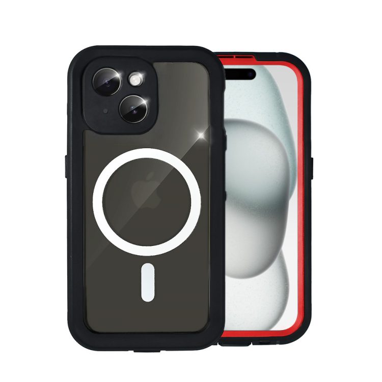 etui do iphone 15 wodoodporne z magsafe, pancerne, przeźroczyste, czerwone