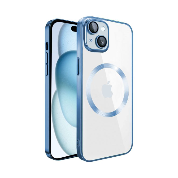 etui iphone 15 slim protect full cover magsafe hard back, twardy tył, przeźroczyste, górski niebieski