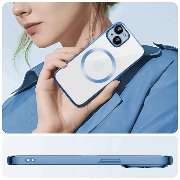 etui iphone 15 slim protect full cover magsafe hard back, twardy tył, przeźroczyste, górski niebieski