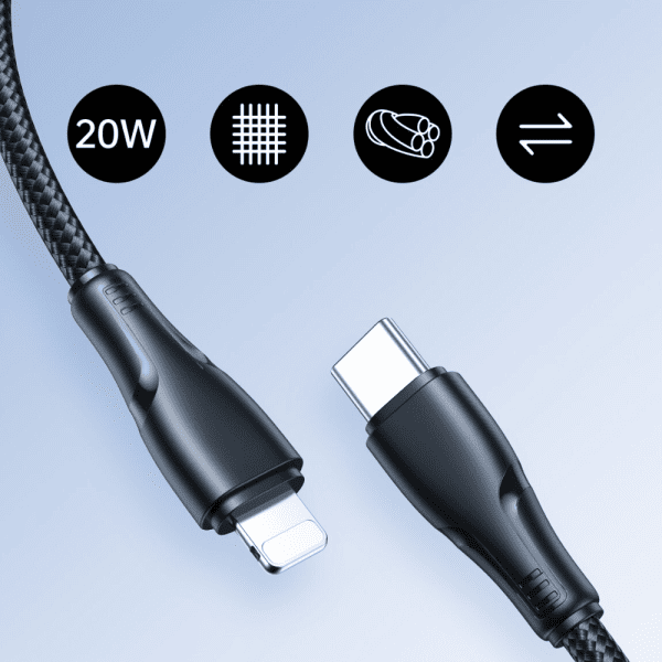 kabel usb typ c lightning, 20w, szybkie ładowanie, transmisja danych, 25 cm, czarny