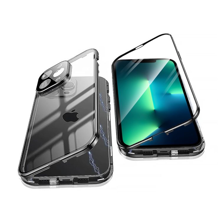 obudowa do iphone 13 pro max pancerna szyba i aluminium 360° przód + tył magnetyczna, z osłoną aparatu, czarne