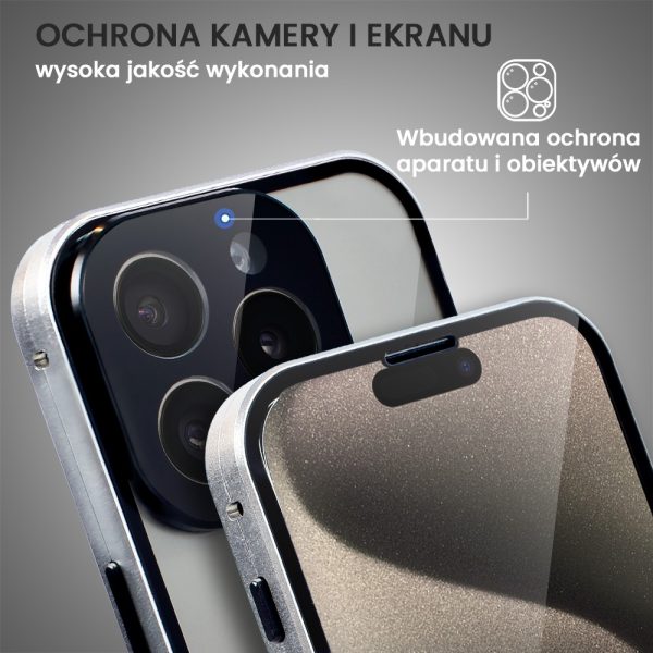 obudowa do iphone 15 pro pancerna szyba i aluminium 360° przód + tył magnetyczna, z osłoną aparatu, złota (kopia)