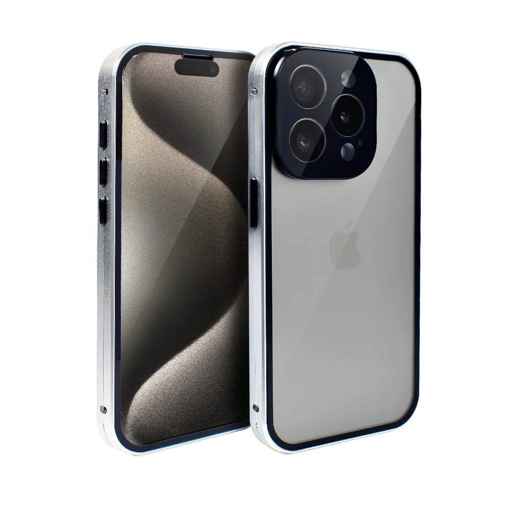 Obudowa do iPhone 15 Pro Max pancerna szyba i aluminium 360° przód + tył magnetyczna, z osłoną aparatu, srebrna