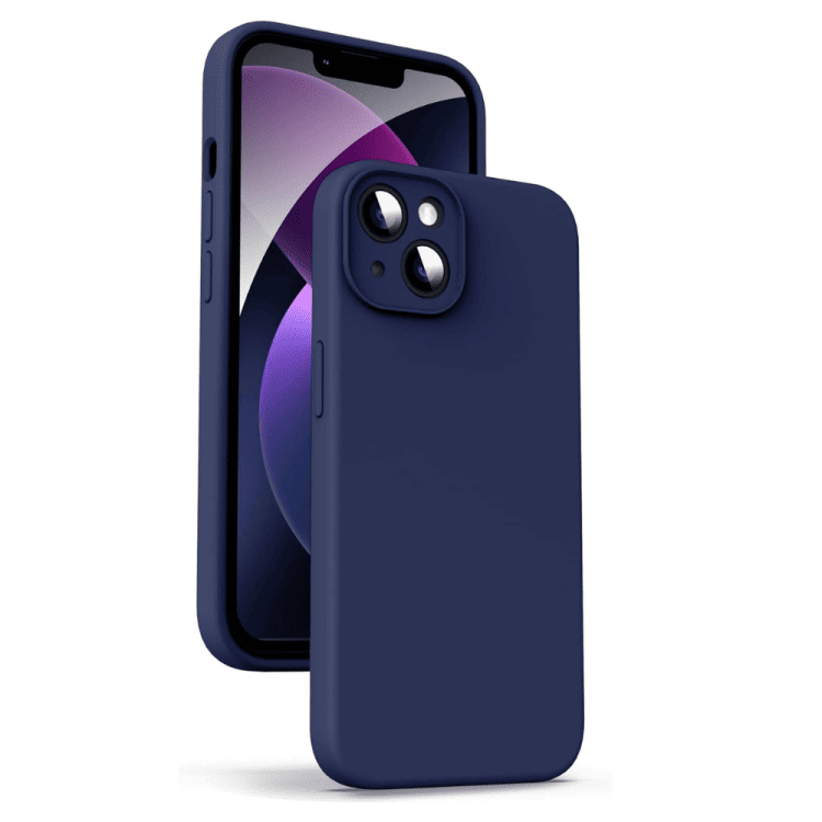etui do iphone 14 plus silikonowe z mikrofibrą soft touch z osłoną na aparat, granatowe