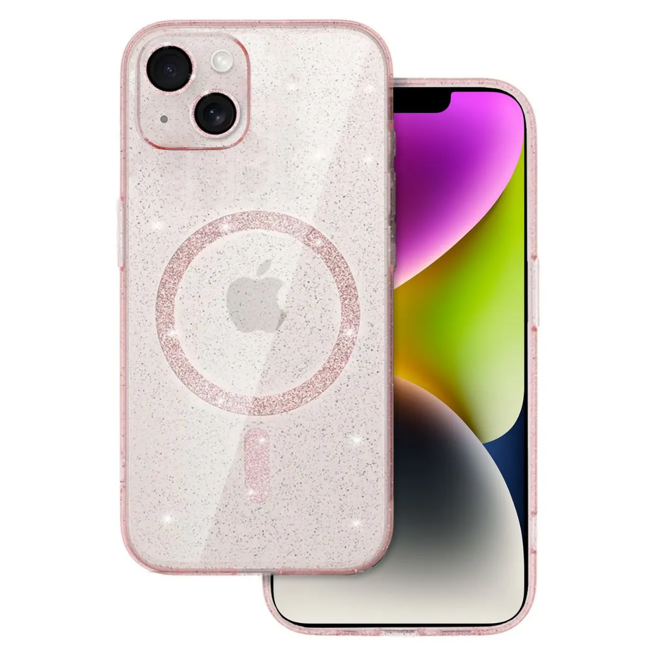 Etui do iPhone 14 z Magsafe, przeźroczyste, błyszczący brokat, różowe