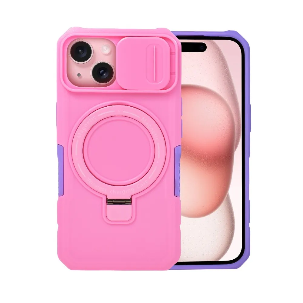 Etui do iPhone 15 Plus Magsafe Slide Camera Stand pancerne, osłona kamery z podstawką, różowe