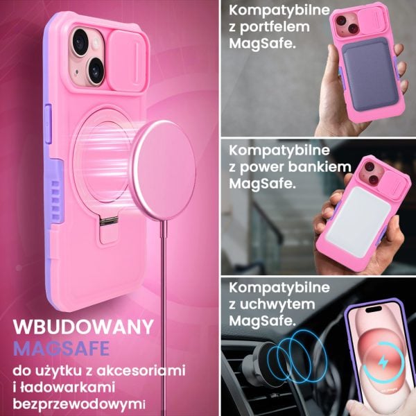 etui do iphone 15 magsafe slide camera stand pancerne, osłona kamery z podstawką, różowe