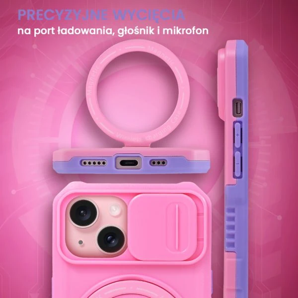 etui do iphone 15 magsafe slide camera stand pancerne, osłona kamery z podstawką, różowe