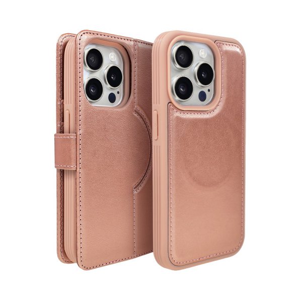 etui do iphone 15 pro 3w1 magsafe double book, zestaw etui oraz kabura z podstawką, różowe