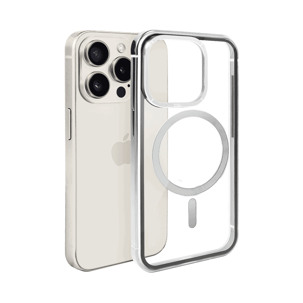 Etui do iPhone 15 Pro, Ibizu Elite Skin Cam Ring, krystalicznie czyste z metalową ramką, srebrne z Magsafe