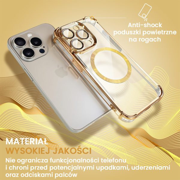 etui do iphone 15 pro magsafe luxury anti shock lens protect, złote