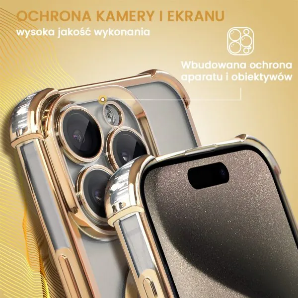 etui do iphone 15 pro magsafe luxury anti shock lens protect, złote